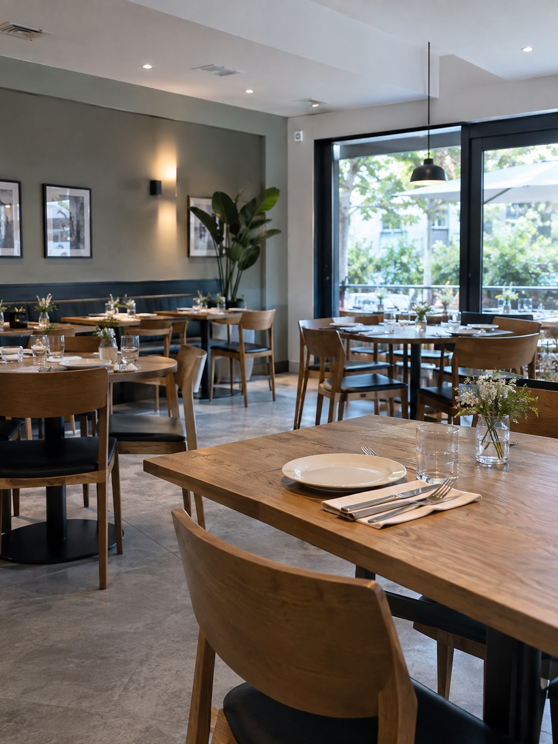Sala de un restaurante con las mesas preparadas para el servicio de noche